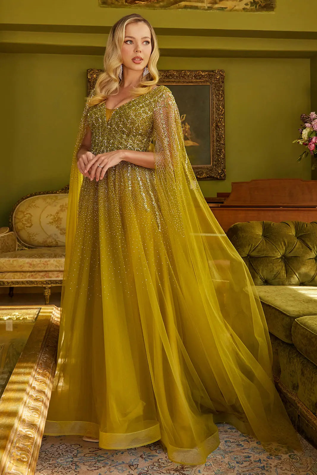 GL3606 V-Neckline Mother of Bride Dress with Cape Sleeves by GLS Gloria- iBrandZone