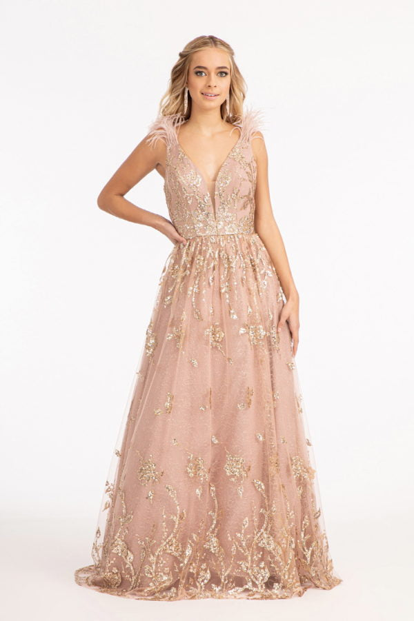 GL3048 | Feather Illusion V-Neckline A-line Mesh Dress by GLS Collective - iBrandZone