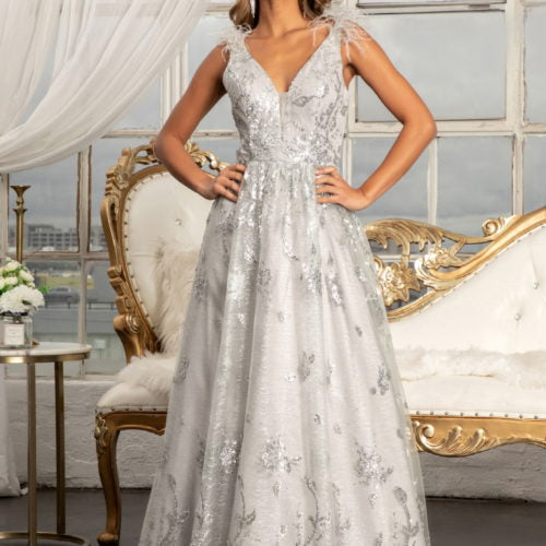 GL3048 | Feather Illusion V-Neckline A-line Mesh Dress by GLS Collective - iBrandZone