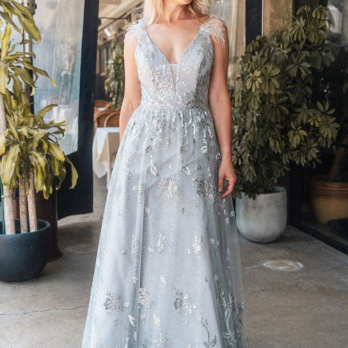 GL3048 | Feather Illusion V-Neckline A-line Mesh Dress by GLS Collective - iBrandZone