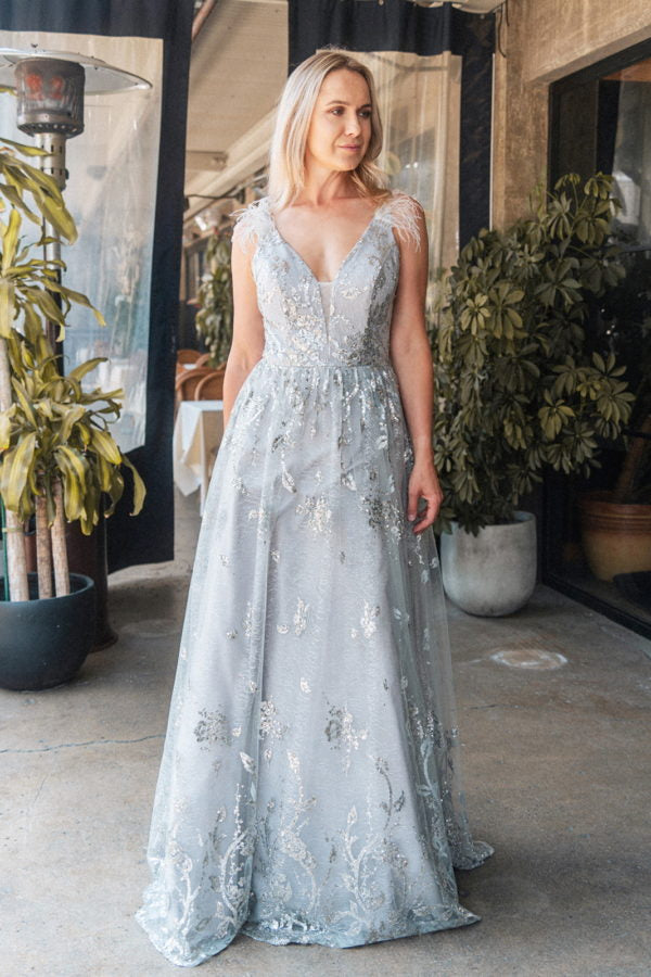 GL3048 | Feather Illusion V-Neckline A-line Mesh Dress by GLS Collective - iBrandZone