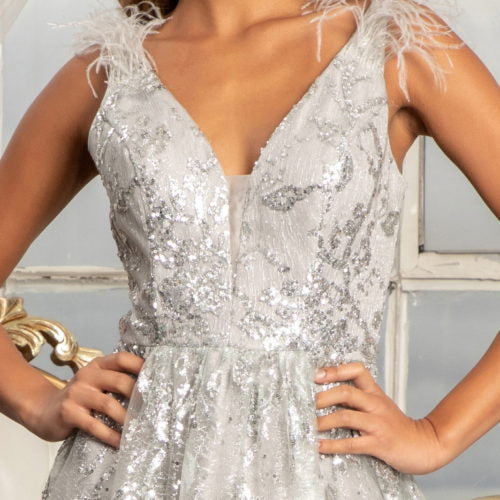 GL3048 | Feather Illusion V-Neckline A-line Mesh Dress by GLS Collective - iBrandZone