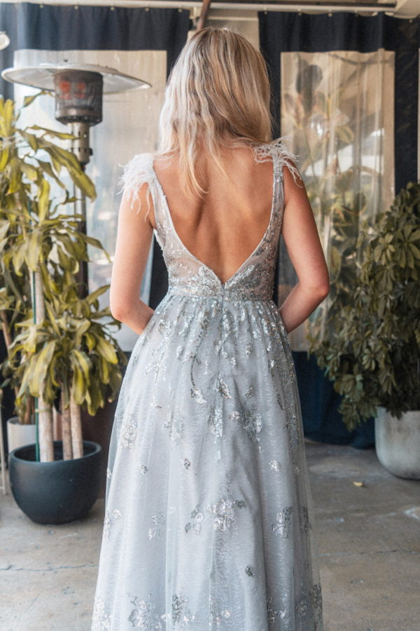 GL3048 | Feather Illusion V-Neckline A-line Mesh Dress by GLS Collective - iBrandZone