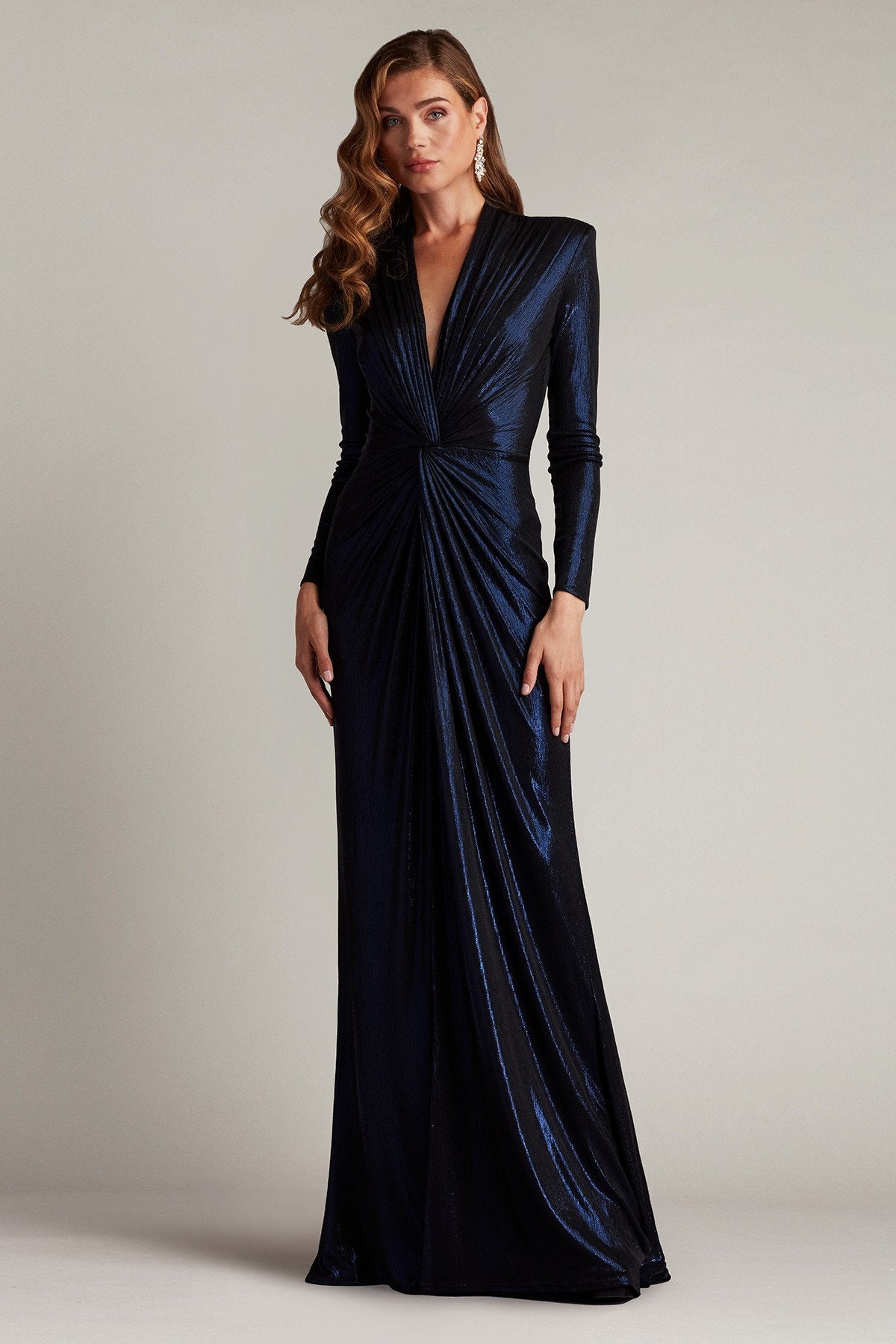 Ferrum Metallic Twist Drape Gown by Tadashi Shoji - iBrandZone