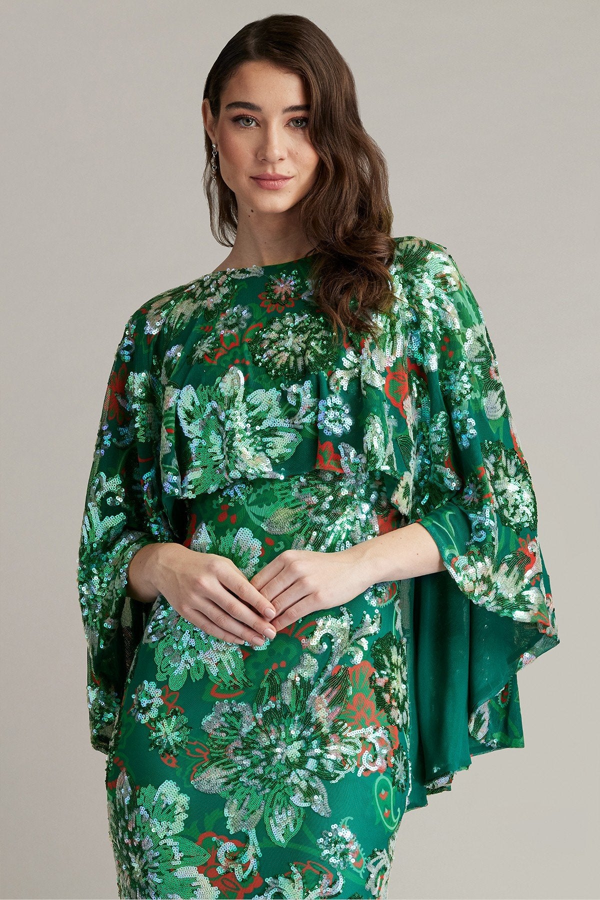 Elil Sequin Tulle Cape Overlay Gown by Tadashi Shoji - iBrandZone