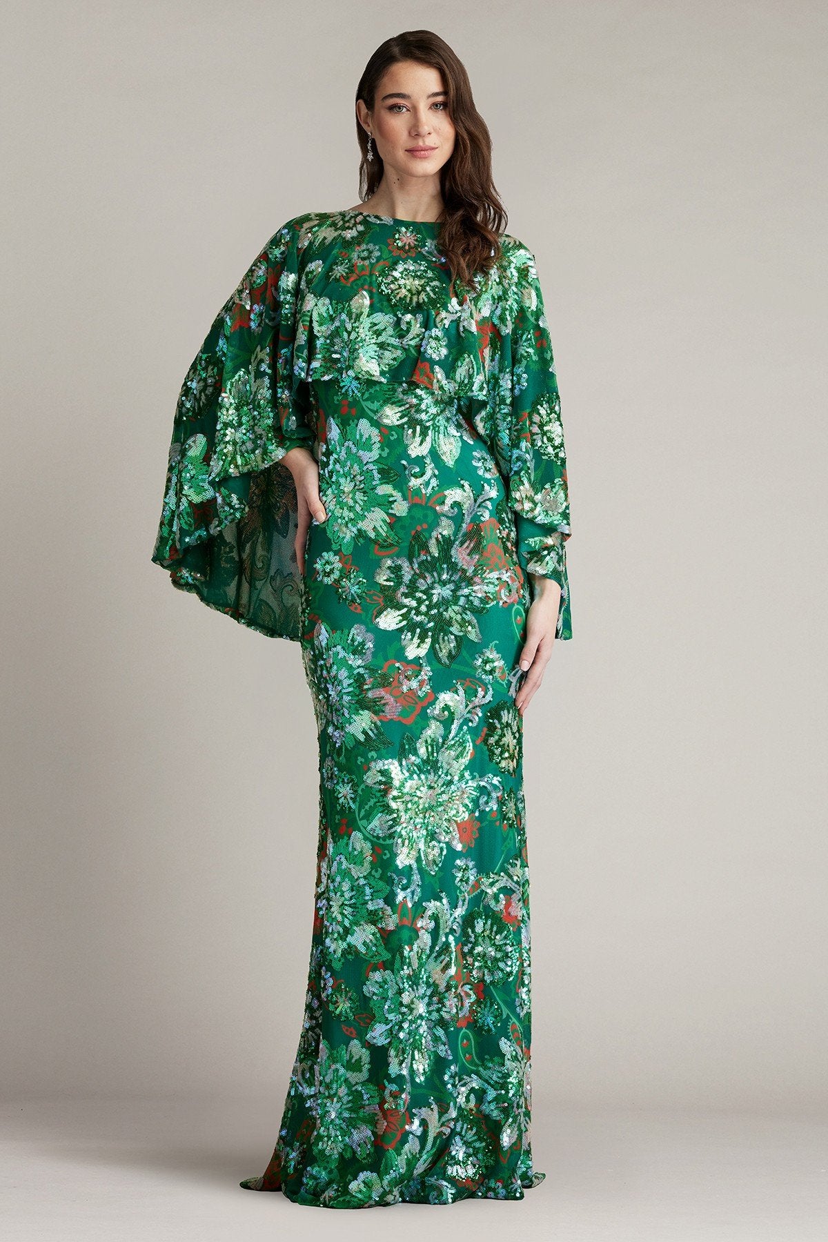 Elil Sequin Tulle Cape Overlay Gown by Tadashi Shoji - iBrandZone