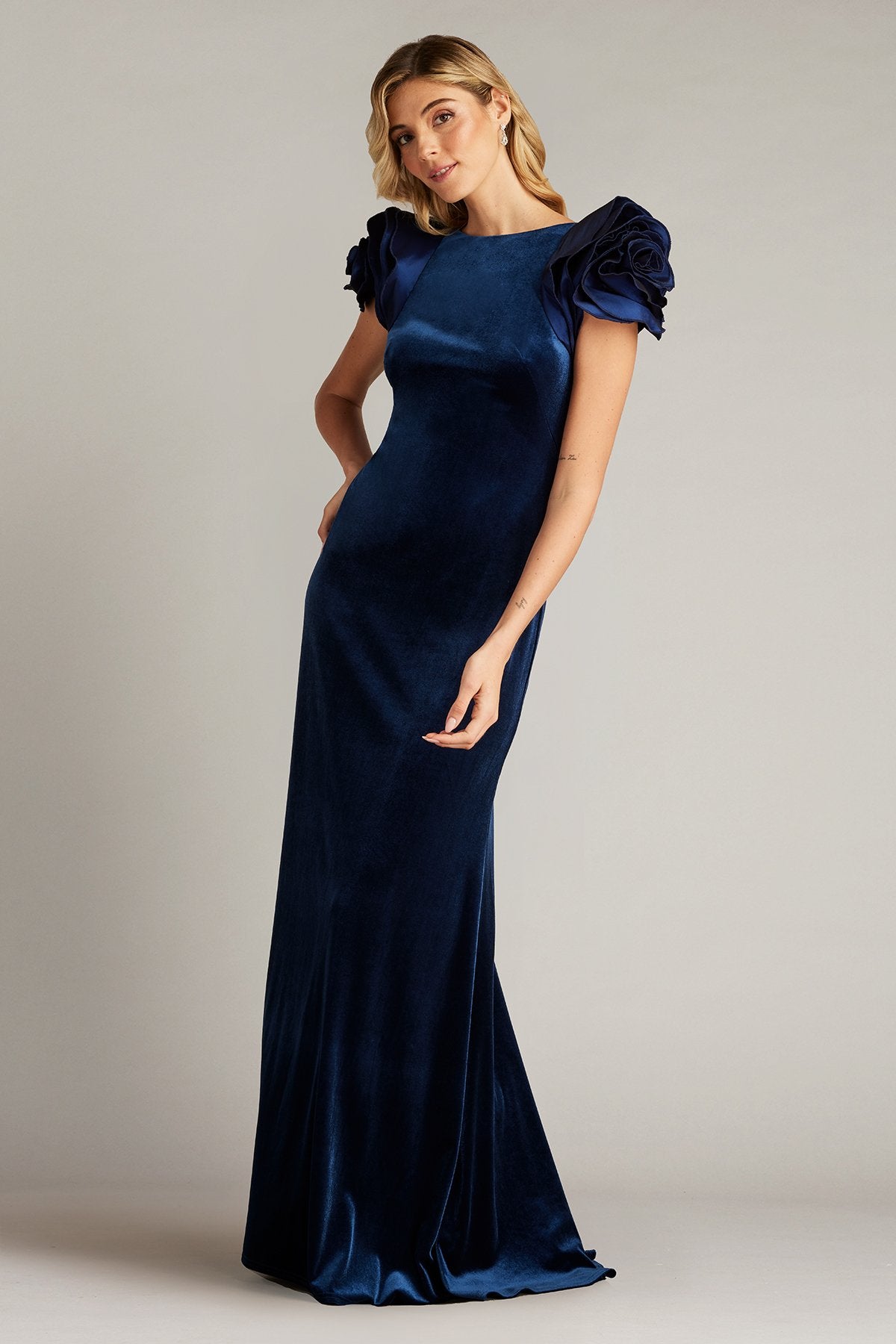 Maylee Rosette-Shoulder Velvet Gown by Tadashi Shoji - iBrandZone
