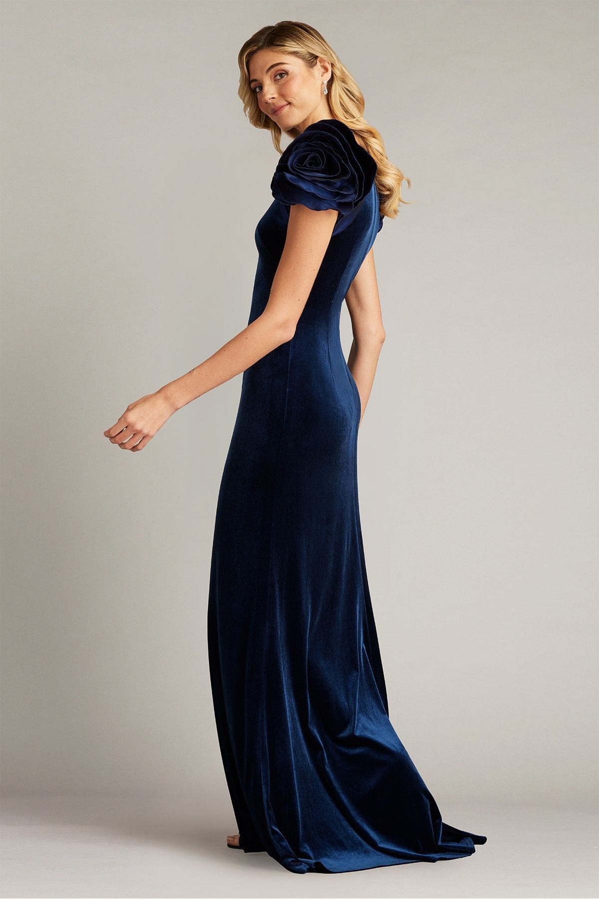 Maylee Rosette-Shoulder Velvet Gown by Tadashi Shoji - iBrandZone