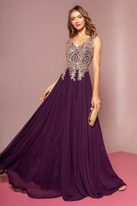 GL2311 V-Neck Embroidered Chiffon Dress | GLS Collective