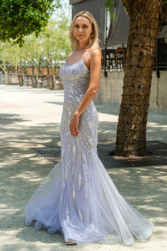 GL3382 Metallic Embroidery Mesh Trumpet w/ Side Slit | GLS