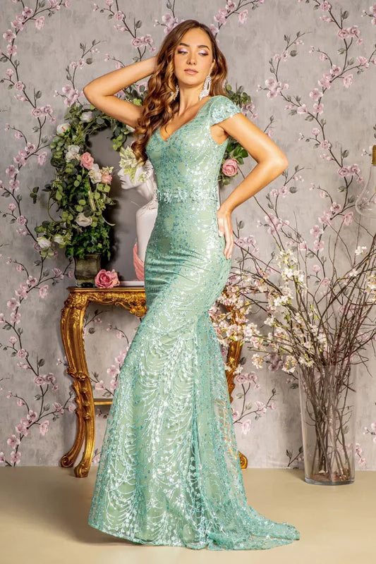 GL3414 Flower Glitter Sheer Neckline Mesh Mermaid | GLS