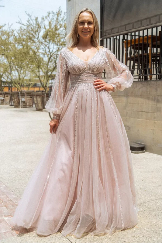GL3495 Bead Sequin Mesh A-line w/ Puff Sleeves | GLS
